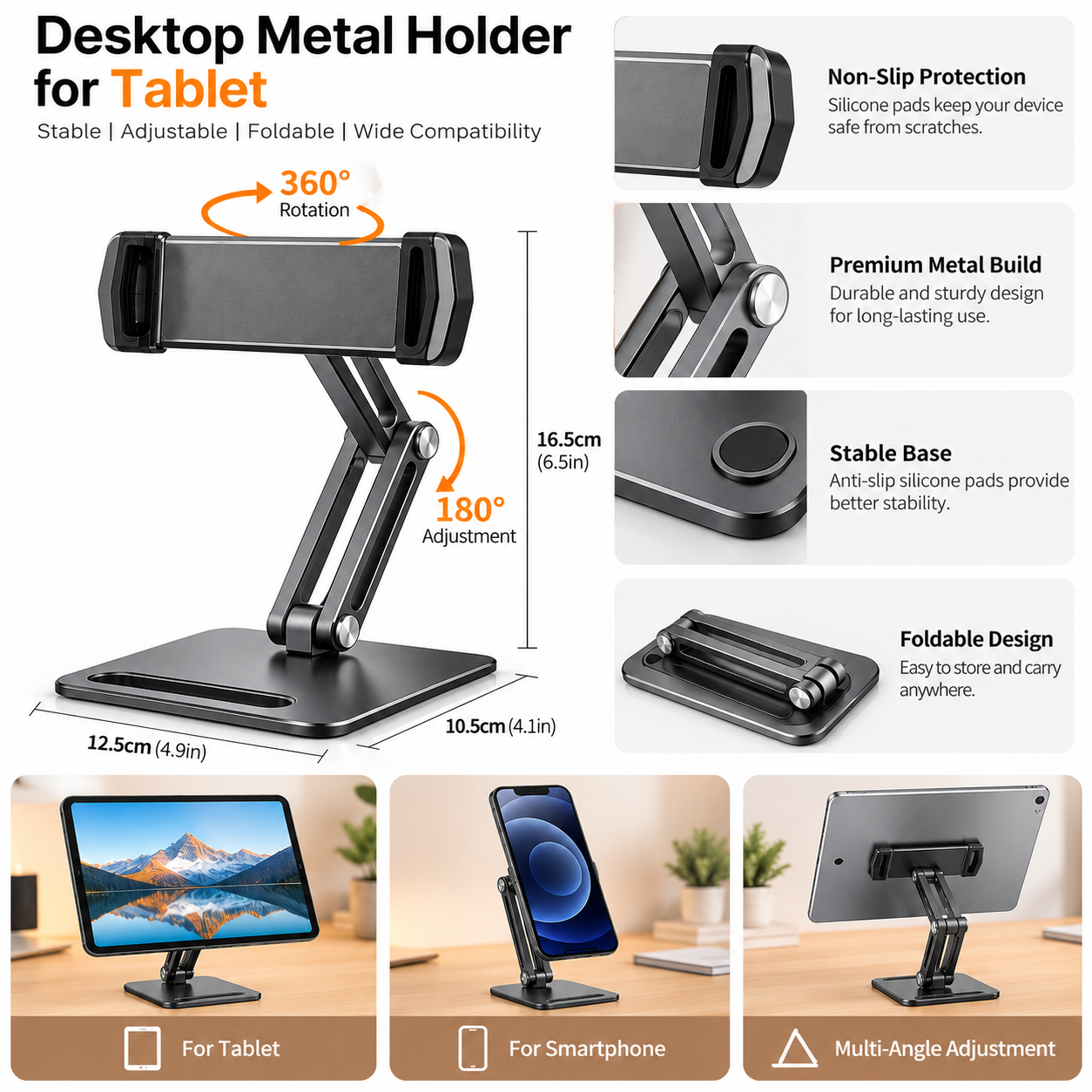 Adjustable Foldable Desktop Metal Tablet & Phone Holder Stand